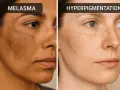 Vergleich von Melasma auf der Stirn mit diffuser Hyperpigmentierung im Gesicht.
