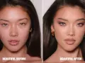 Vorher/Nachher-Vergleich: Natürliches Gesicht verwandelt sich in ein glamouröses 90er Make-up mit Smokey Eyes und matten Lippen.