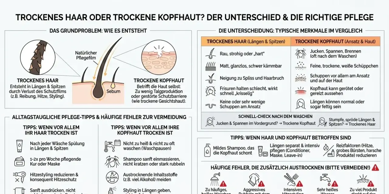 Trockene Kopfhaut juckt und schuppt am Ansatz. Raues, sprödes Haar betrifft Längen und Spitzen. Gezielte Pflege hilft.