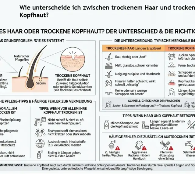 Trockene Kopfhaut juckt und schuppt am Ansatz. Raues, sprödes Haar betrifft Längen und Spitzen. Gezielte Pflege hilft.