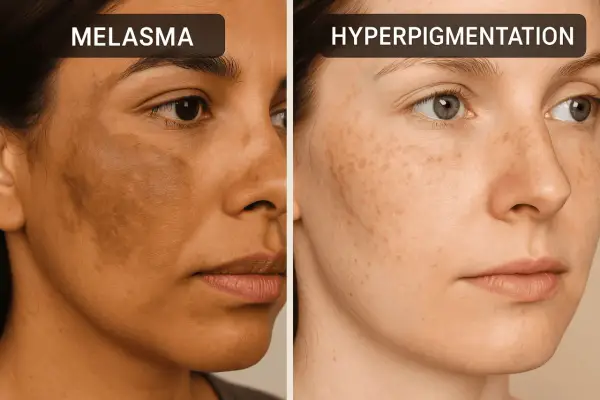 Vergleich von Melasma auf der Stirn mit diffuser Hyperpigmentierung im Gesicht.