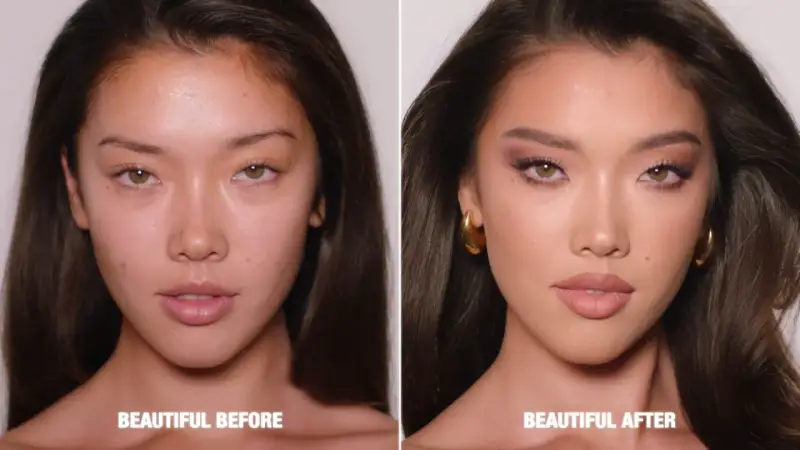 Vorher/Nachher-Vergleich: Natürliches Gesicht verwandelt sich in ein glamouröses 90er Make-up mit Smokey Eyes und matten Lippen.